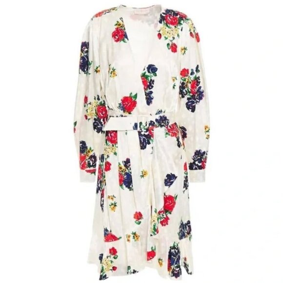 Tory Burch | 100% Silk Printed Wrap Dress with Belt in Ivory Tea Rose - Size 8 - Picture 2 of 16